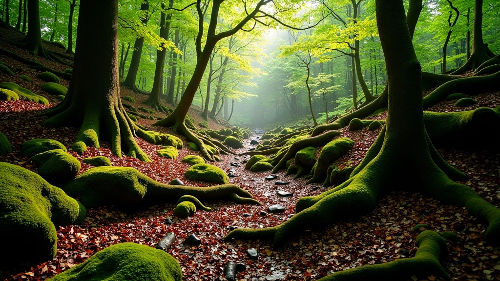 Thick woodland floor covered in fallen leaves, moss, and natural pathways through ancient trees