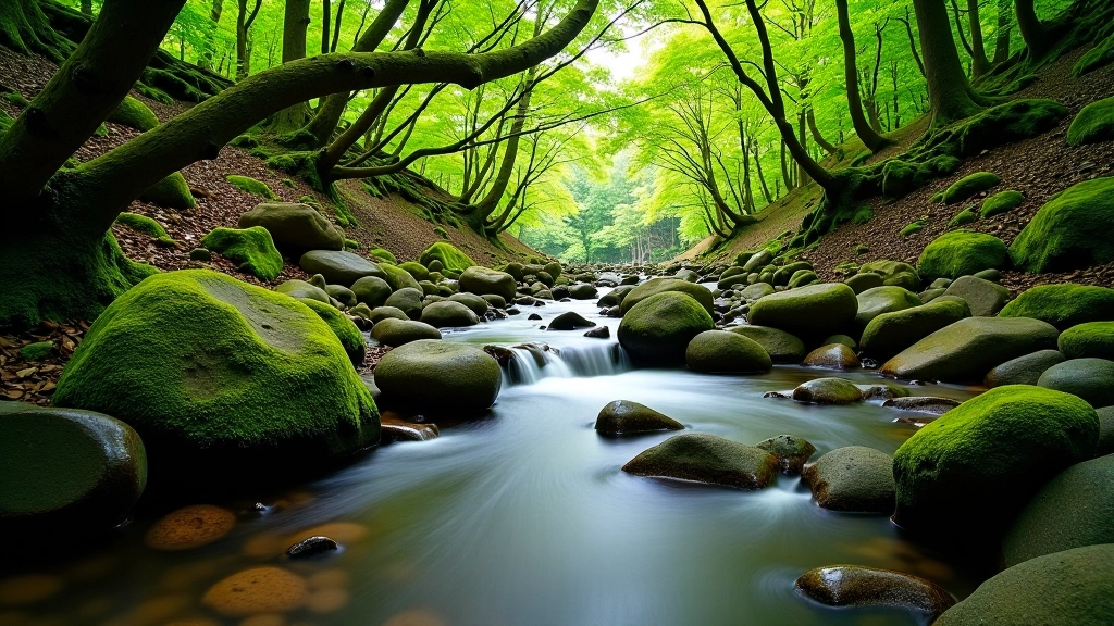 Winding forest stream with clear water flowing over smooth pebbles beneath ancient oak trees