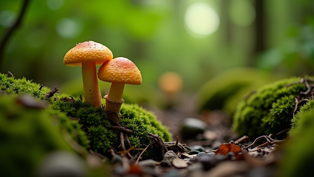 Detailed ground-level view of forest floor with mushrooms, moss, roots, and natural woodland vegetation