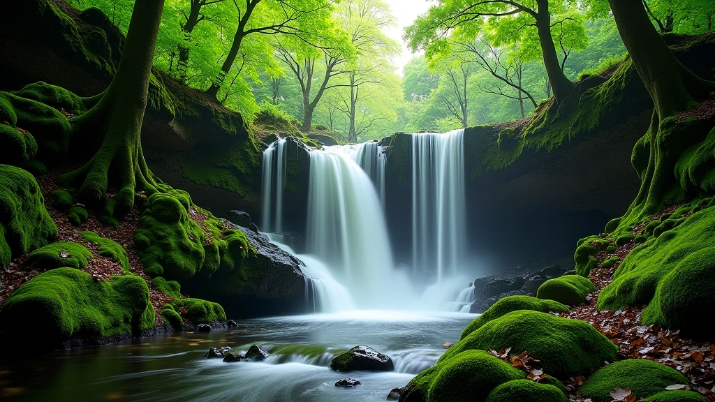 Majestic waterfall cascading through misty forest clearing with sunlight filtering through canopy