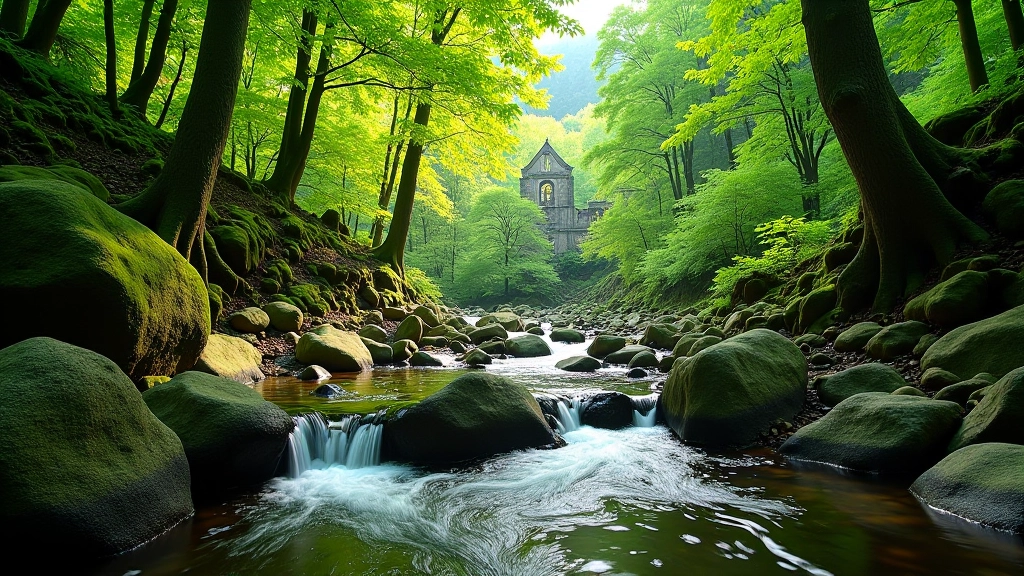 Clear mountain stream flowing through green valley with stone ruins visible on hillside above