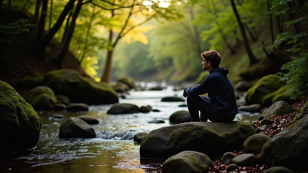 Person sitting peacefully on moss-covered rock beside forest stream, contemplating the flowing water and woodland surroundings