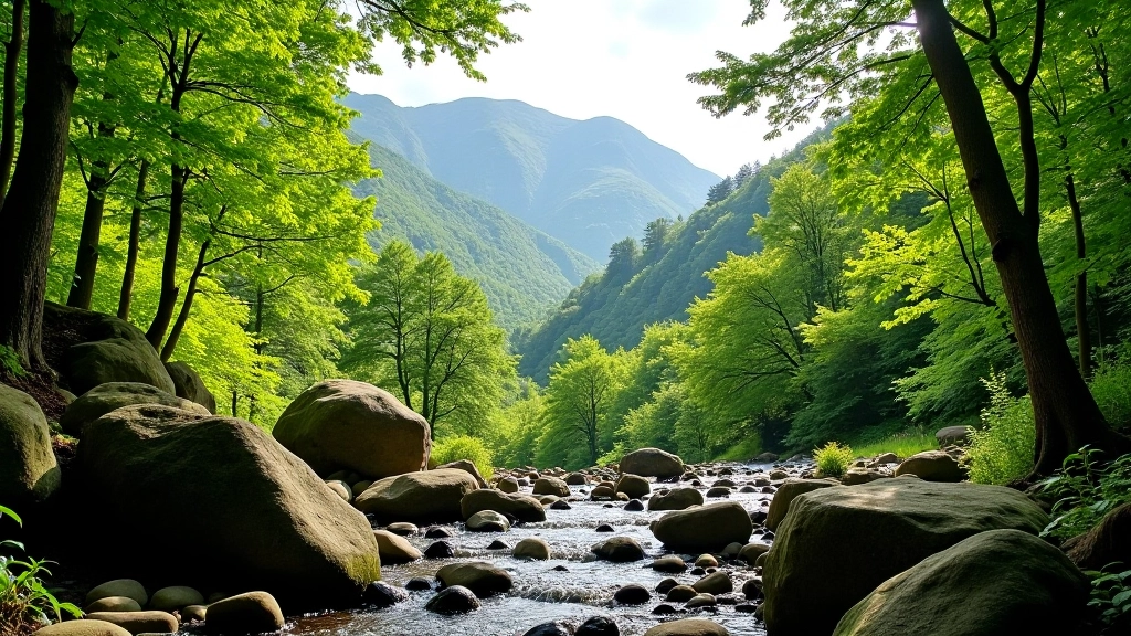 Scenic forest clearing with natural rock seating area overlooking green valley with mountains in distance, Wicklow landscape