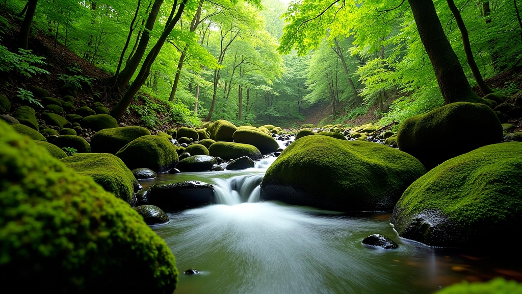 Peaceful woodland stream in Wicklow forest with flowing water and green surroundings