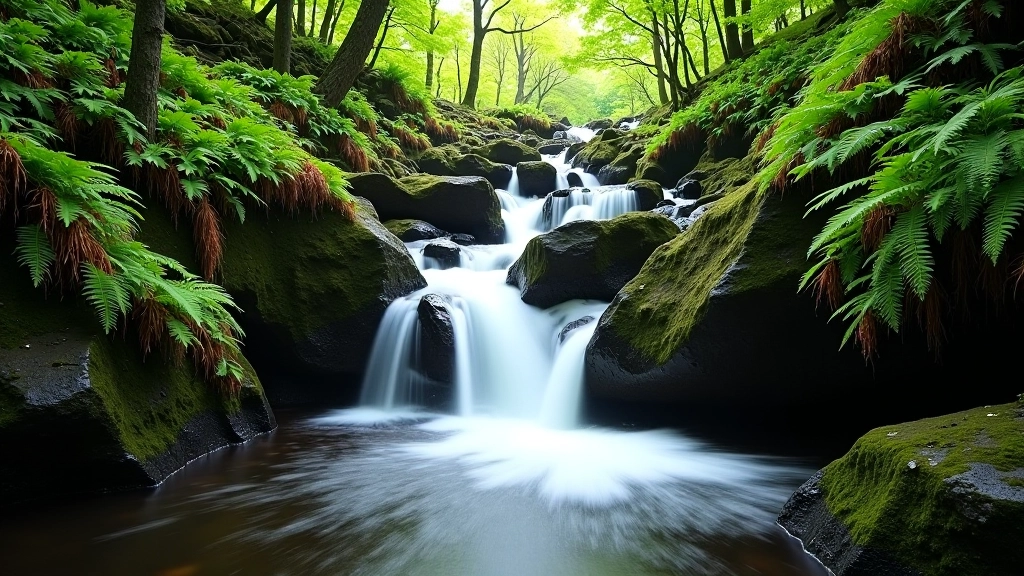 Powerful waterfall dropping into emerald pool surrounded by mossy rocks and green ferns in deep forest valley