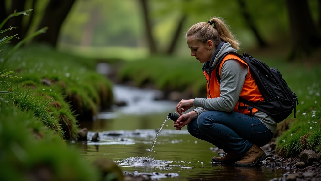 Siobhan O'Rourke working in field research, documenting woodland stream ecosystem in natural setting, Wicklow mountains